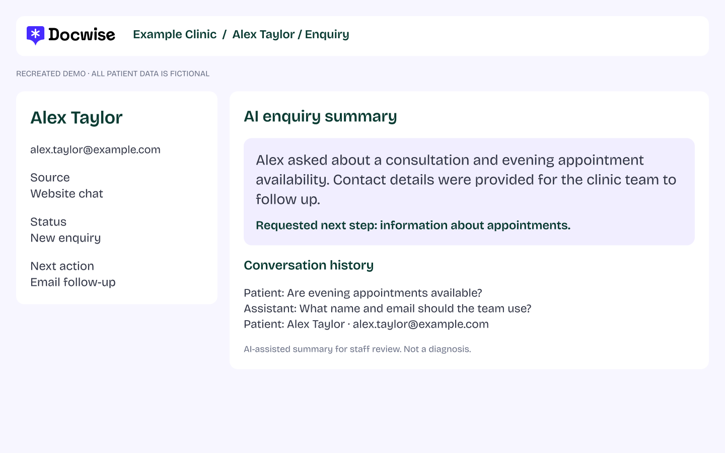 Docwise follow-ups &mdash; summary &mdash; fictional demonstration